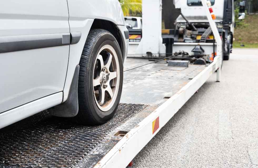 A car being towed by a title loan provider.